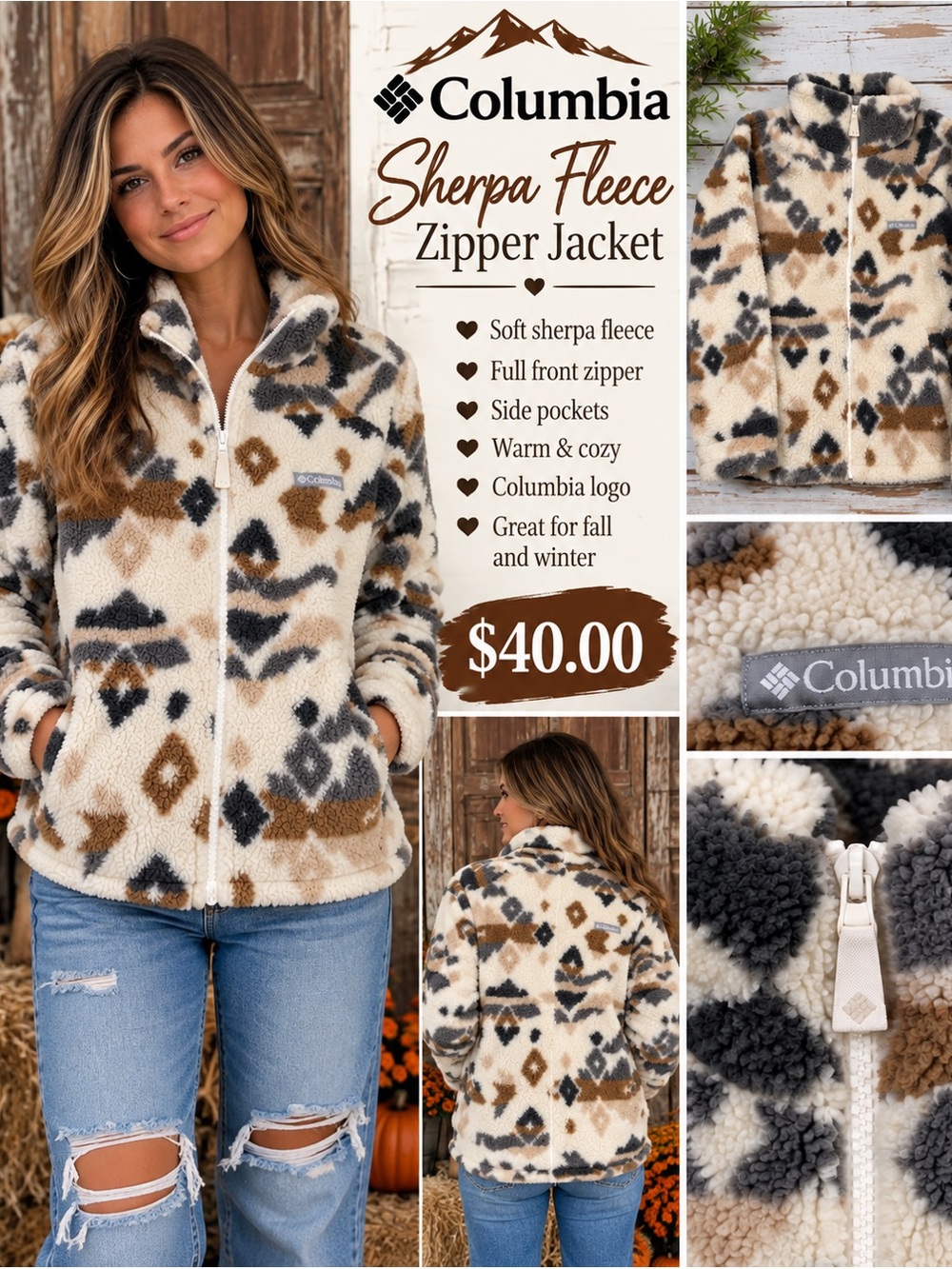 Columbia Cream, Brown & Black Sherpa Fleece Zipper Jacket